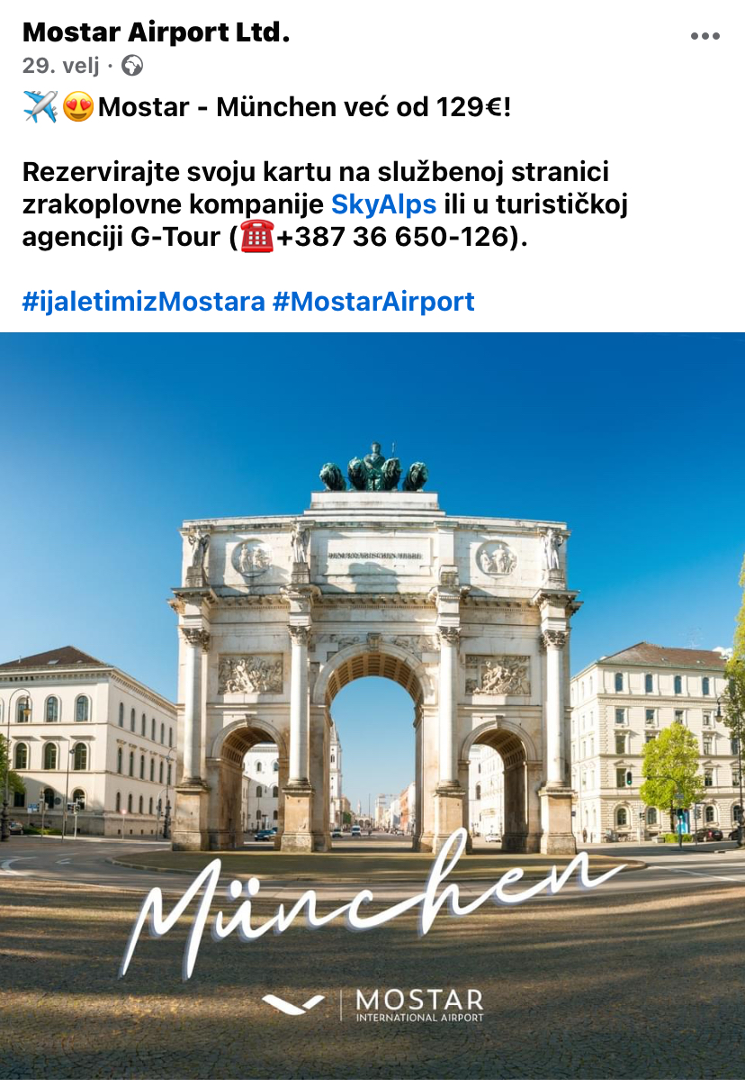 Ambasada Bosne i Hercegovine pozdravlja uspostavu direktne avio linije između Mostara i Minhena